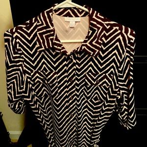 Belted Dress Dark Brown and White Zigzag Print Buttoned Down